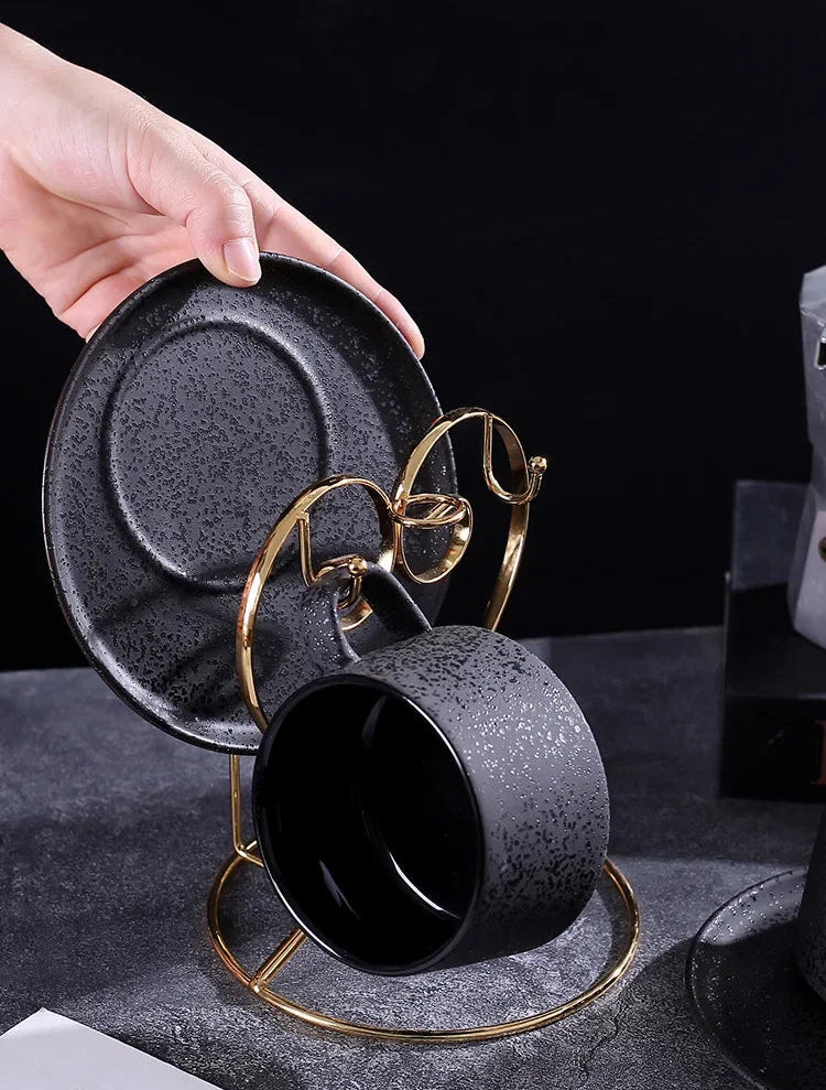 High-grade frosted ceramic coffee cup and saucer set with black spoon and cup holder from 𝕄𝕔 𝕋𝕙𝕖 𝔹𝕝𝕒𝕔𝕜 𝔻𝕚�