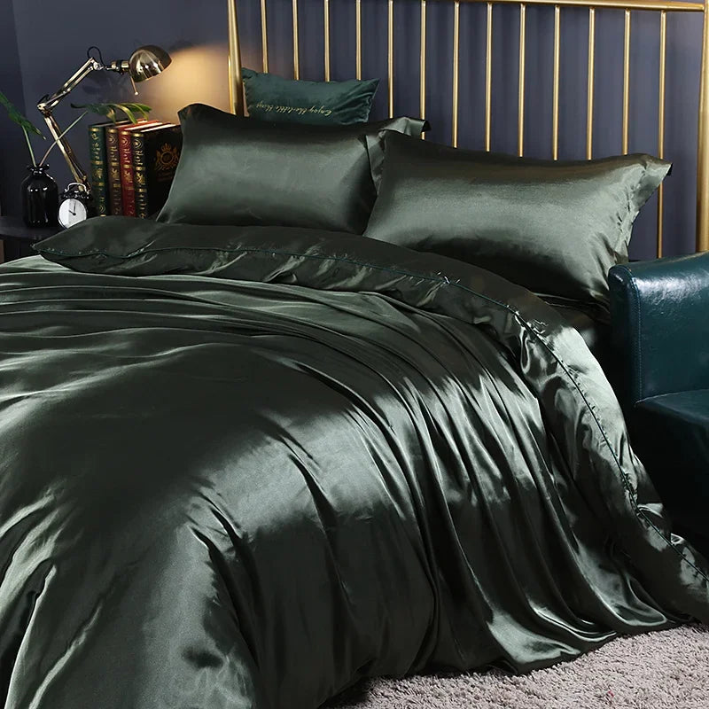 Luxury silk bedding set with duvet cover, fitted sheet, flat sheet, and pillowcases in solid color from 𝕄𝕔 𝕋𝕙𝕖 𝔹𝕝𝕒𝕔𝕜 𝔻�