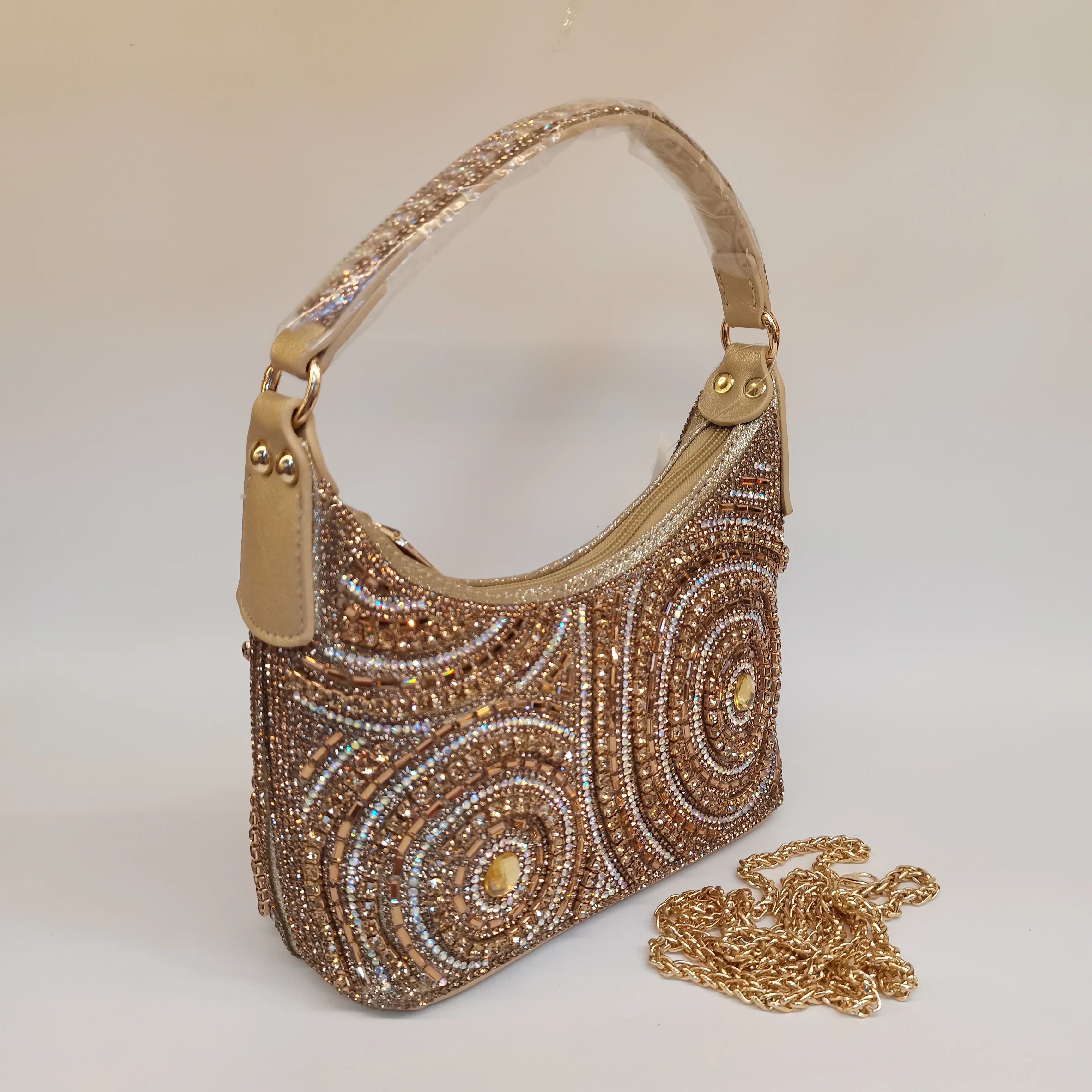 MC THE BLACK DIAMOND rhinestone evening handbag with long chain, embellished clutch, casual style for women.