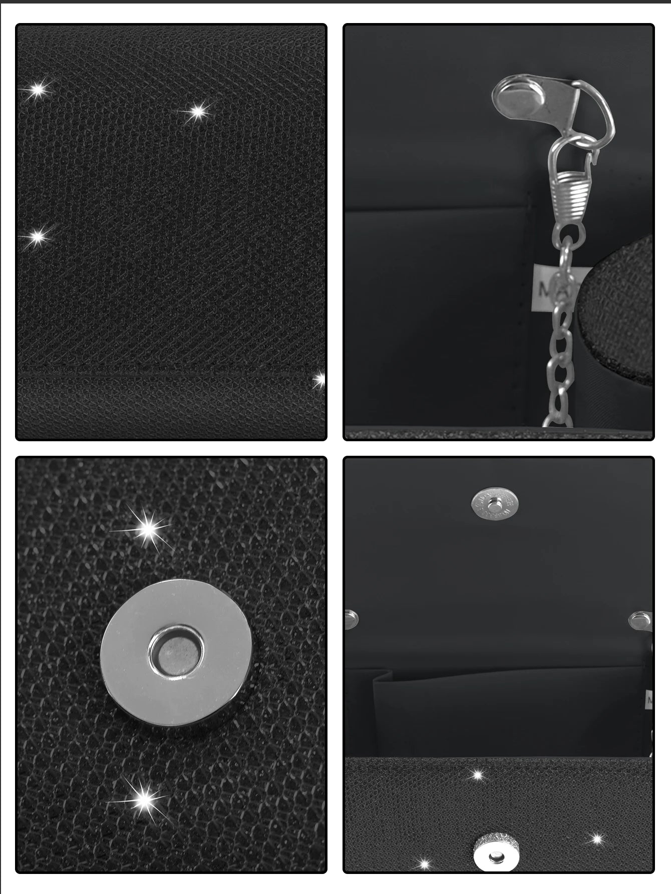 Elegant MC THE BLACK DIAMOND sparkly party clutch handbag with matching rhinestone necklace, earrings, and bracelet set.