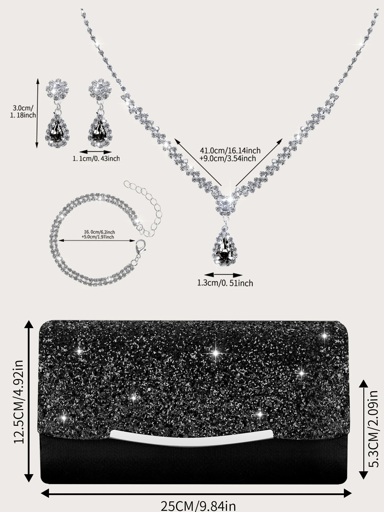 Stylish MC THE BLACK DIAMOND sequined women's handbag with rhinestone jewelry set including necklace, earrings, and bracelet.