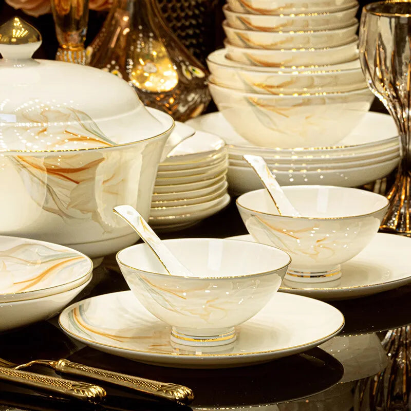 Jingdezhen high-end bowl and plate set by MC The Black Diamonds, elegant kitchen tableware with intricate design.
