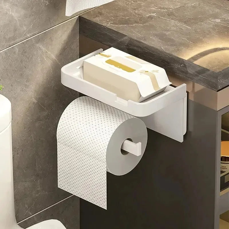 Plastic bathroom toilet paper holder with storage rack for kitchen towels, seasoning bottles, and phone, mounted on wall.