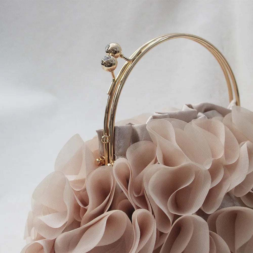 Luxury satin floral bride evening clutch bag by MC THE BLACK DIAMOND, featuring a small shoulder chain and elegant floral design.
