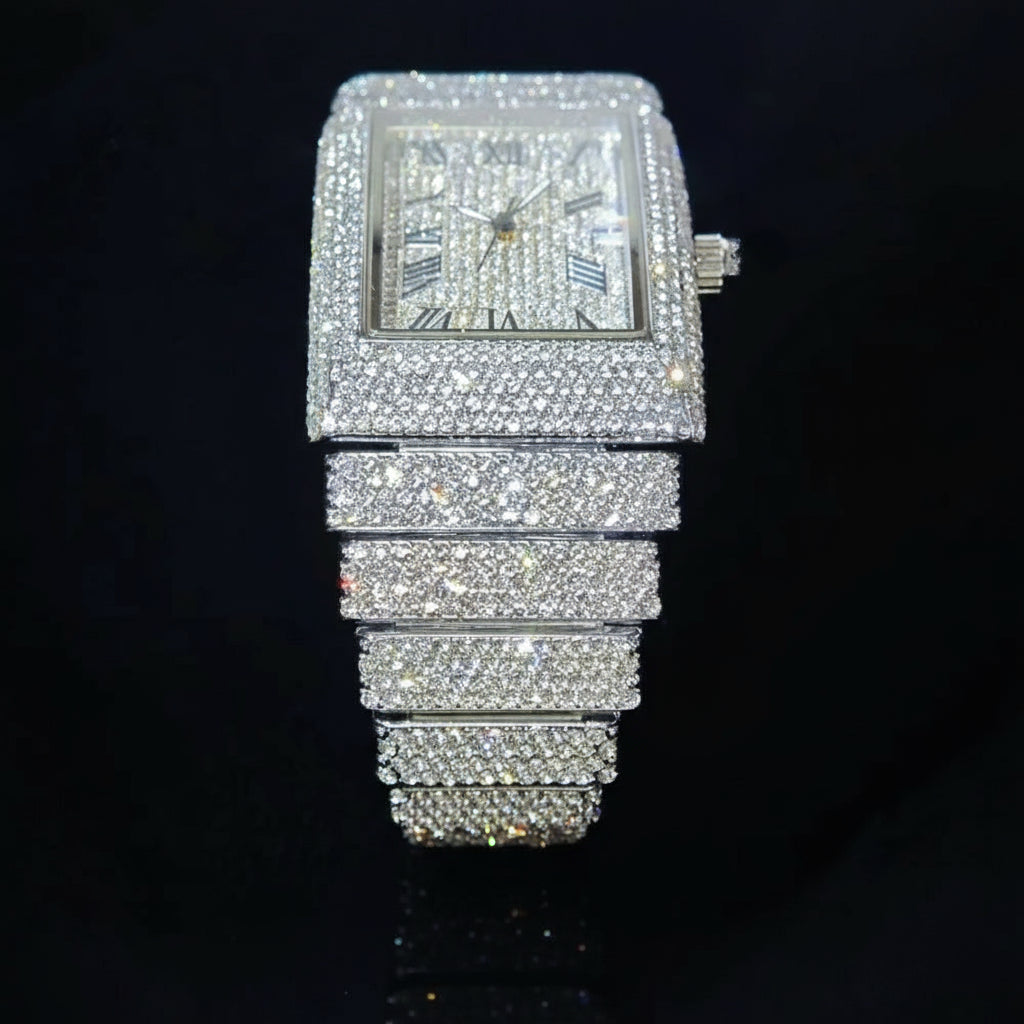 Luxury gold ice watch by MC THE BLACK DIAMOND featuring a diamond-bling rectangle quartz design for men