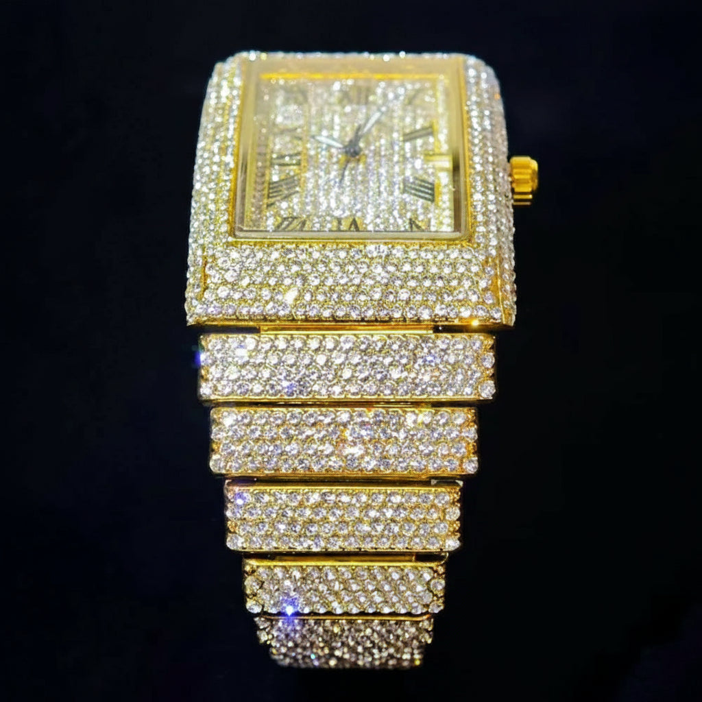 Luxury gold ice men's watch by MC THE BLACK DIAMOND featuring a diamond-encrusted rectangle quartz design.