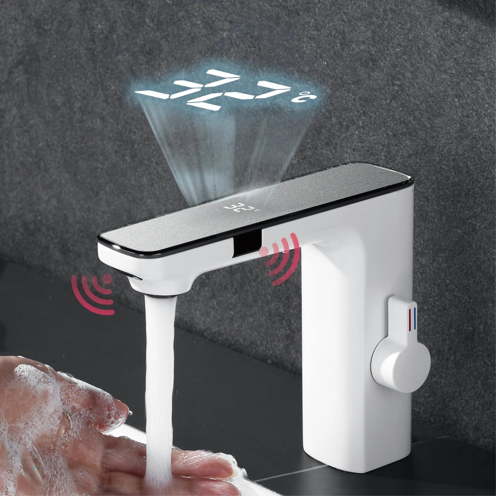 MC THE BLACK DIAMOND brass bathroom sink faucet with induction LED temperature display and single handle for hot and cold water.