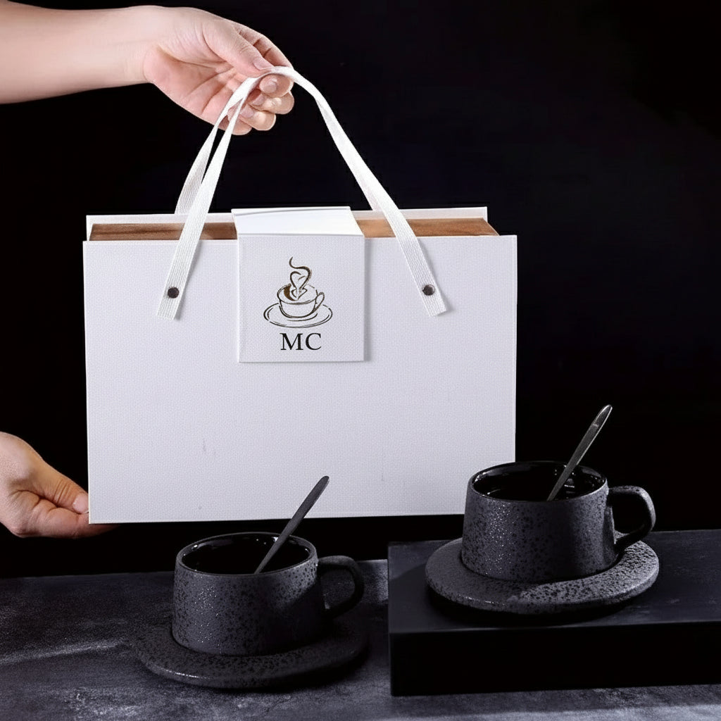 High-grade frosted ceramic coffee cup and saucer set with black spoon and cup holder, from 𝕄𝕔 𝕋𝕙𝕖 𝔹𝕝𝕒𝕔𝕜 𝔻𝕚�
