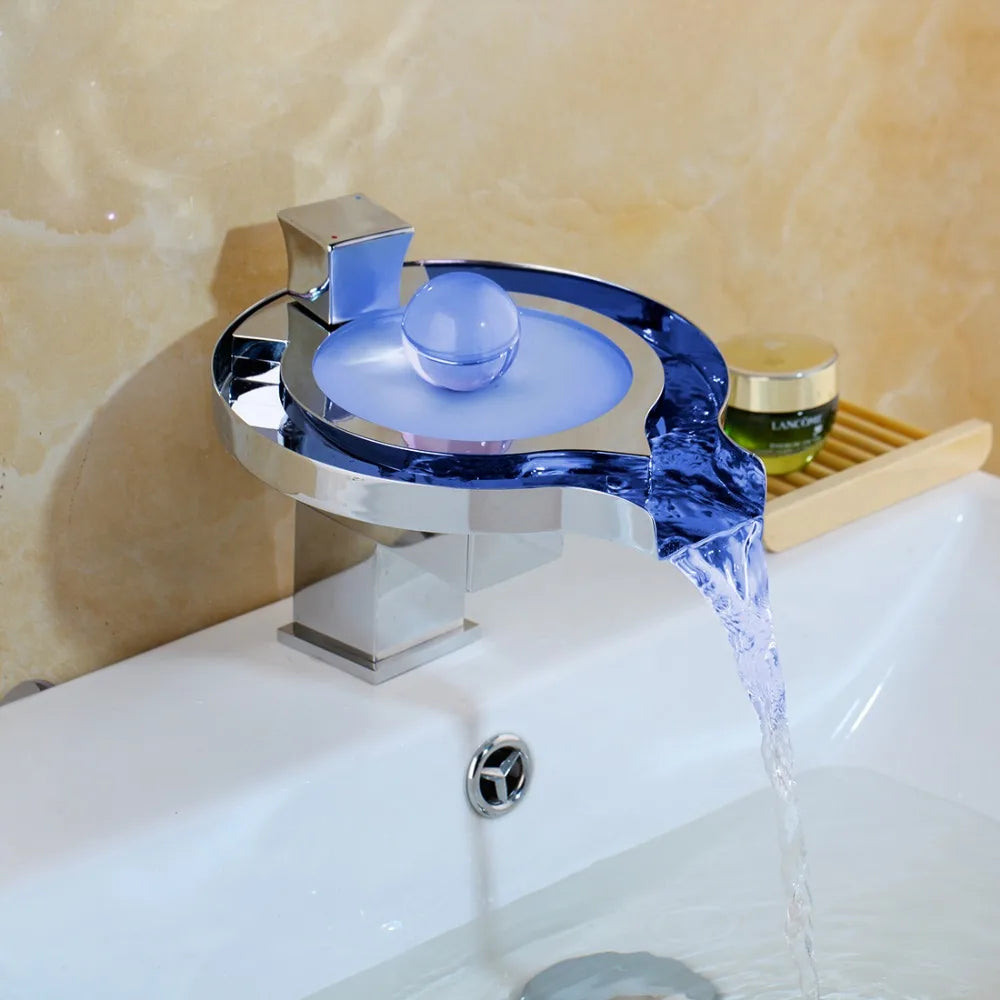 MC THE BLACK DIAMOND ZAPPO LED RGB bathroom basin sink faucet with waterfall design, chrome finish, hot and cold water mixer tap