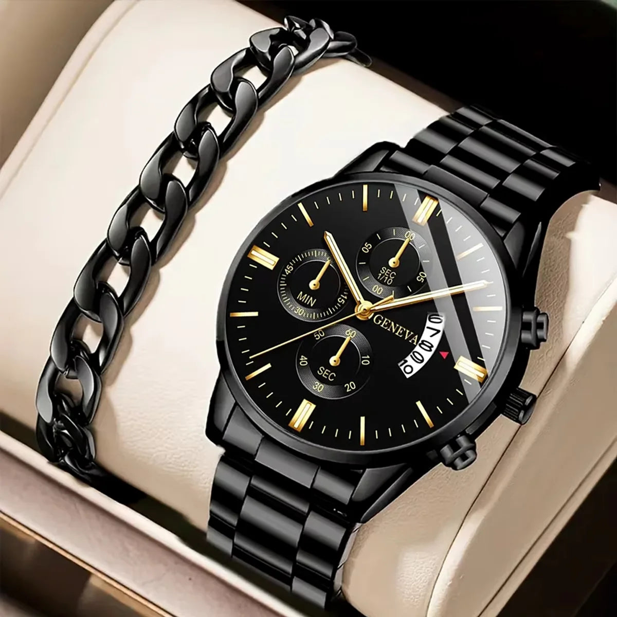 Luxury men's stainless steel quartz wristwatch with calendar from 𝕄𝕔 𝕋𝕙𝕖 𝔹𝕝𝕒𝕔𝕜 𝔻𝕚𝕒𝕞𝕠�