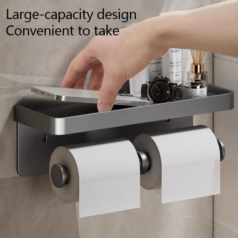 Wall-mounted MC THE BLACK DIAMOND toilet paper holder with waterproof tissue box and storage rack, designed for bathroom organization.