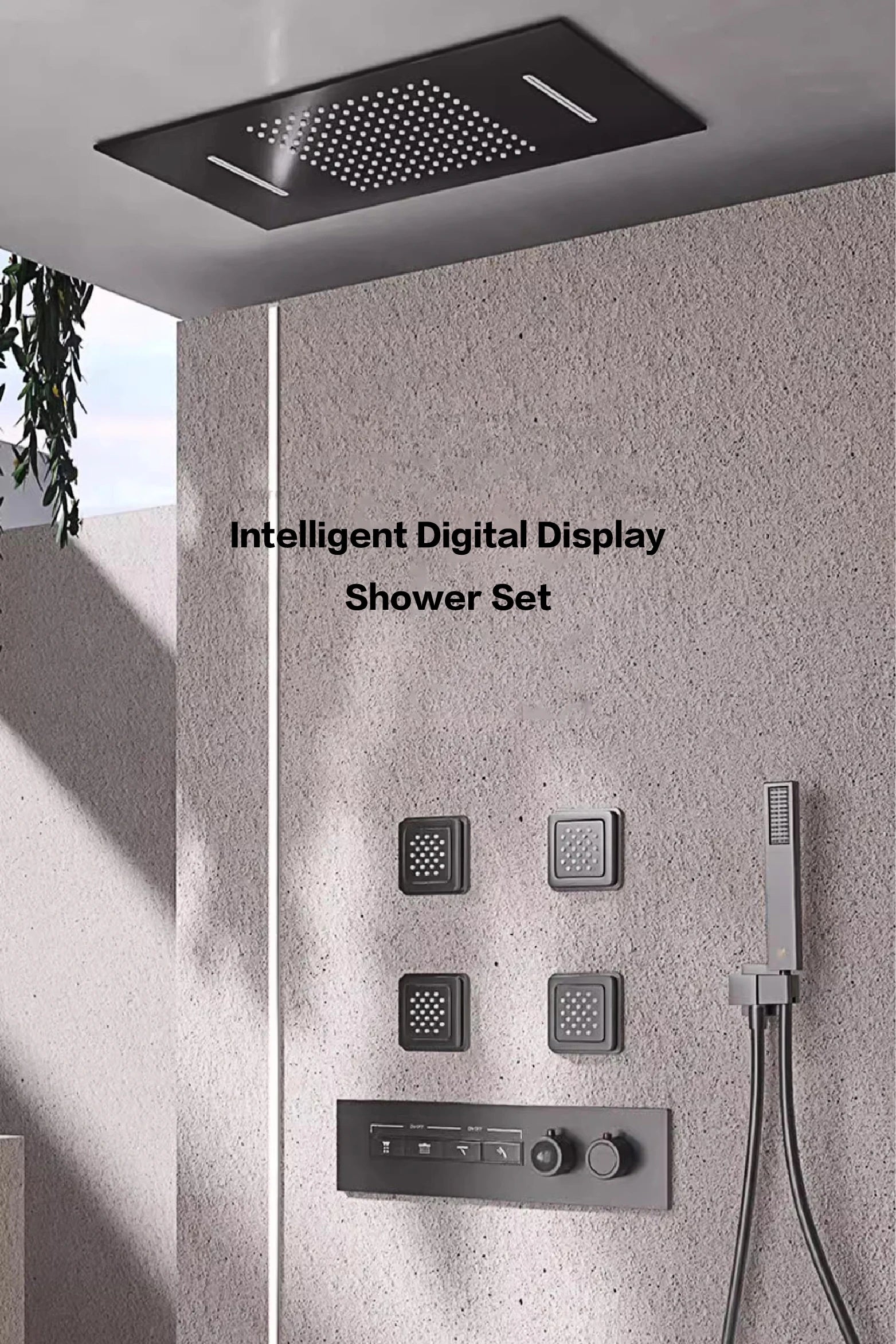 Luxury gray brass shower system with ceiling design, LED display, dual hot and cold controls, bathroom faucet by 𝕄𝕔 𝕋𝕙𝕖 𝔹𝕝𝕒𝕔𝕜 𝔻�