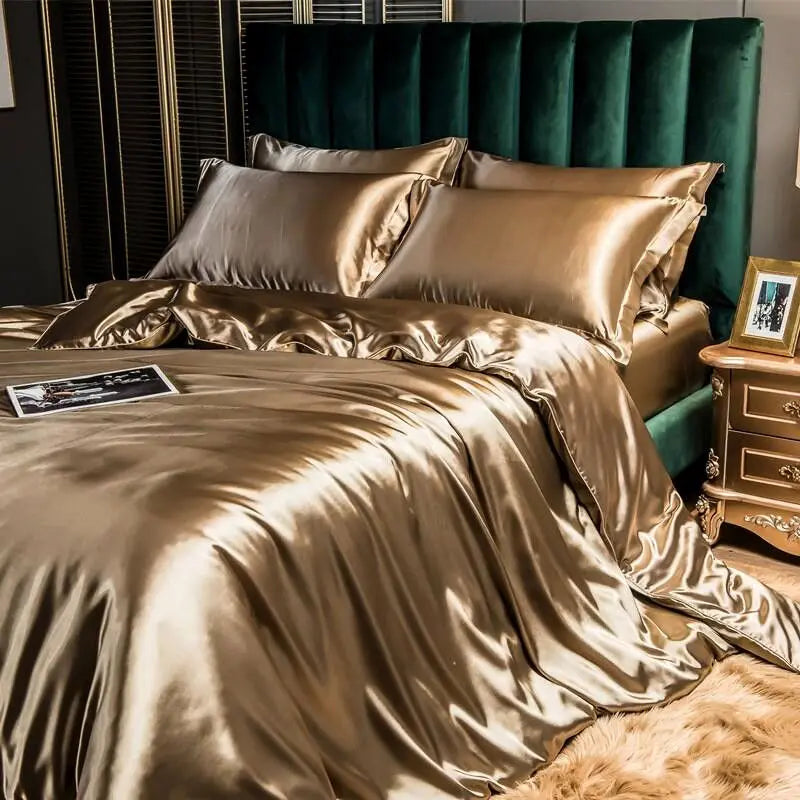 Luxury king-size solid rayon silk bedsheet set with duvet cover and satin pillowcases from 𝕄𝕔 𝕋𝕙𝕖 𝔹𝕝𝕒𝕔𝕜 𝔻𝕚𝕒