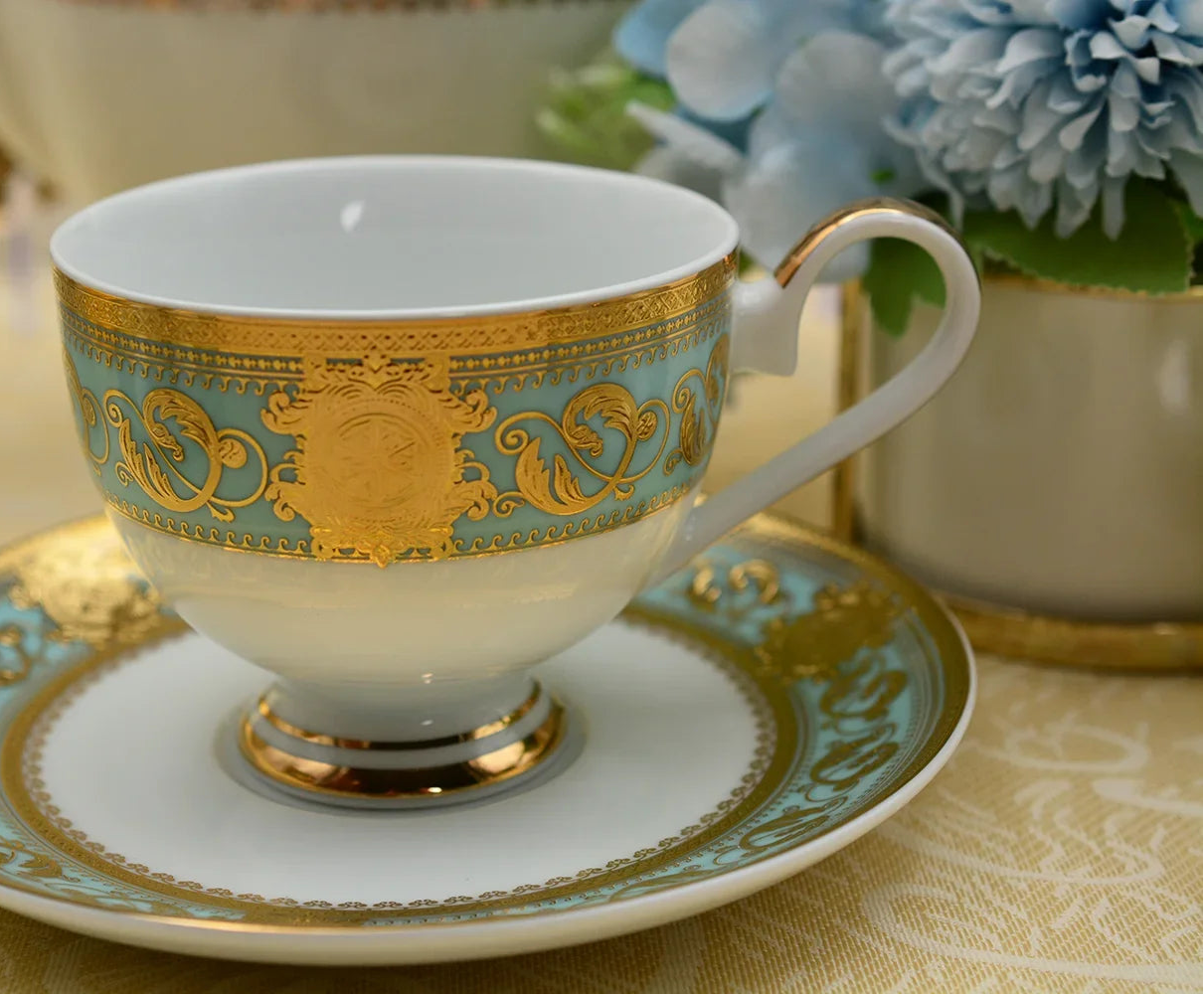Luxury MC THE BLACK DIAMOND embossed gold porcelain dinnerware set with bone china, elegant tableware for upscale dining.