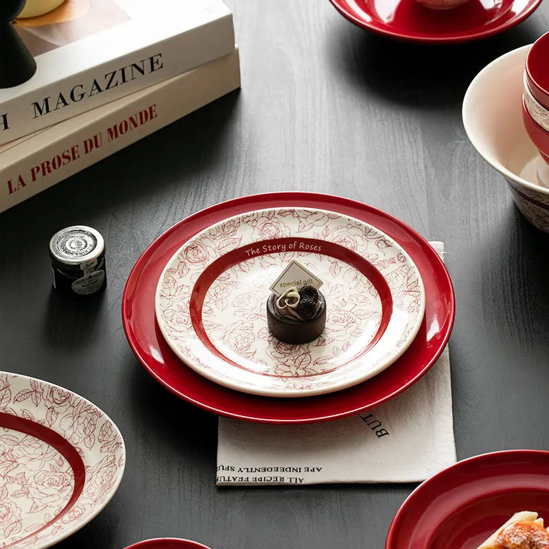 Red retro ceramic steak plate and bowl set by 𝕄𝕔 𝕋𝕙𝕖 𝔹𝕝𝕒𝕔𝕜 𝔻𝕚𝕒𝕞𝕠�