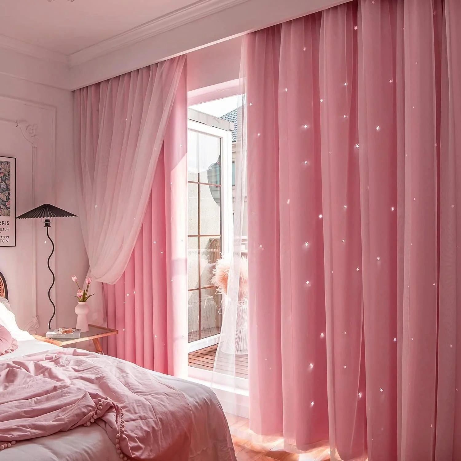 Blue double-layer princess curtains with 2 panels, featuring elegant design and lightweight fabric, from MC THE BLACK DIAMOND.