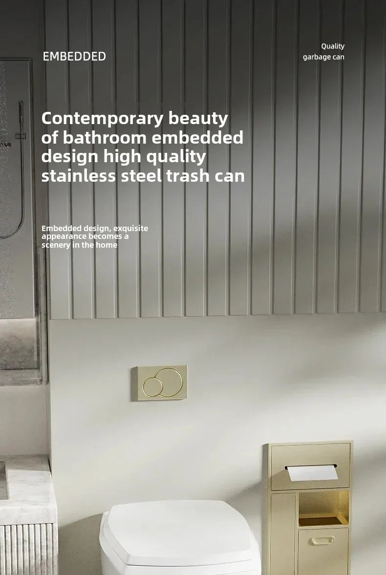 Stainless steel bathroom trash can and tissue storage rack embedded in a wall niche, by MC THE BLACK DIAMOND, with a sleek finish.