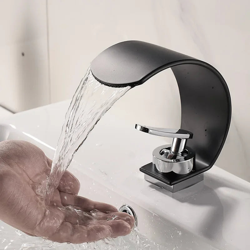 Black and white GEGVE waterfall bathroom sink faucet with hot and cold water mixer tap, ideal for bathtub and washbasin, by MC THE BLACK DIAMOND