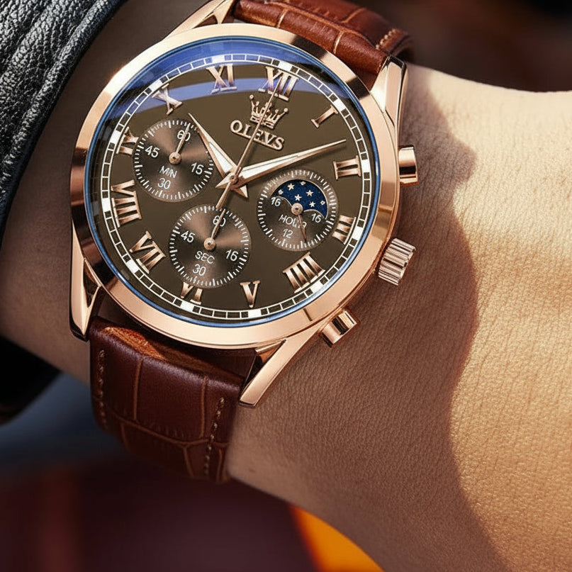 OLEVS Moon Phase men's chronograph watch with leather strap, luminous display, waterproof 30m, quartz movement, and date function.
