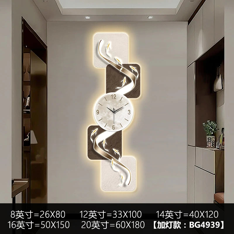 Modern wall clock with nine fish design, LED luminescent mural, mute mechanism, suitable for living rooms and corridors.