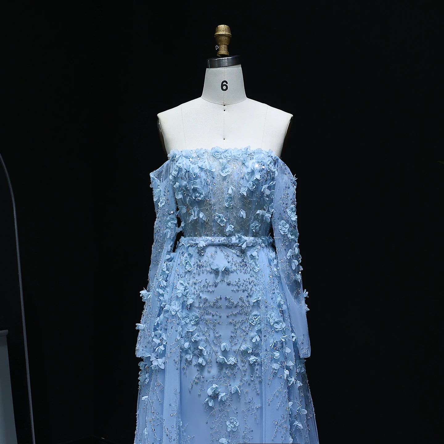 MC Elegant 3D Flowers Dubai evening dress by MC THE BLACK DIAMOND featuring intricate floral 3D embroidery and a stylish silhouette.