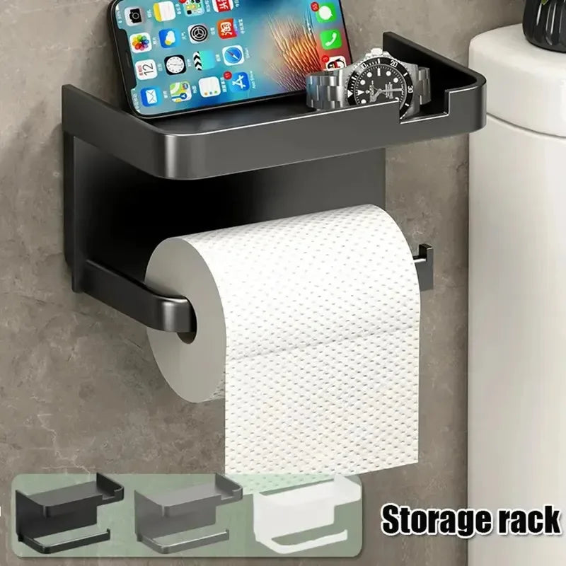 Plastic bathroom toilet paper holder with storage rack for towels, seasoning bottles, and phone, wall-mounted by MC THE BLACK DIAMOND.