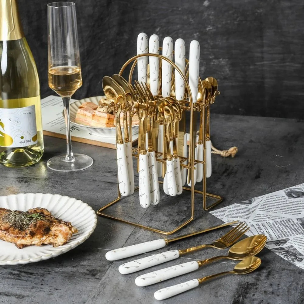 Set of 24 stainless steel marbled tableware from 𝕄𝕔 𝕋𝕙𝕖 𝔹𝕝𝕒𝕔𝕜 𝔻𝕚𝕒𝕞𝕠