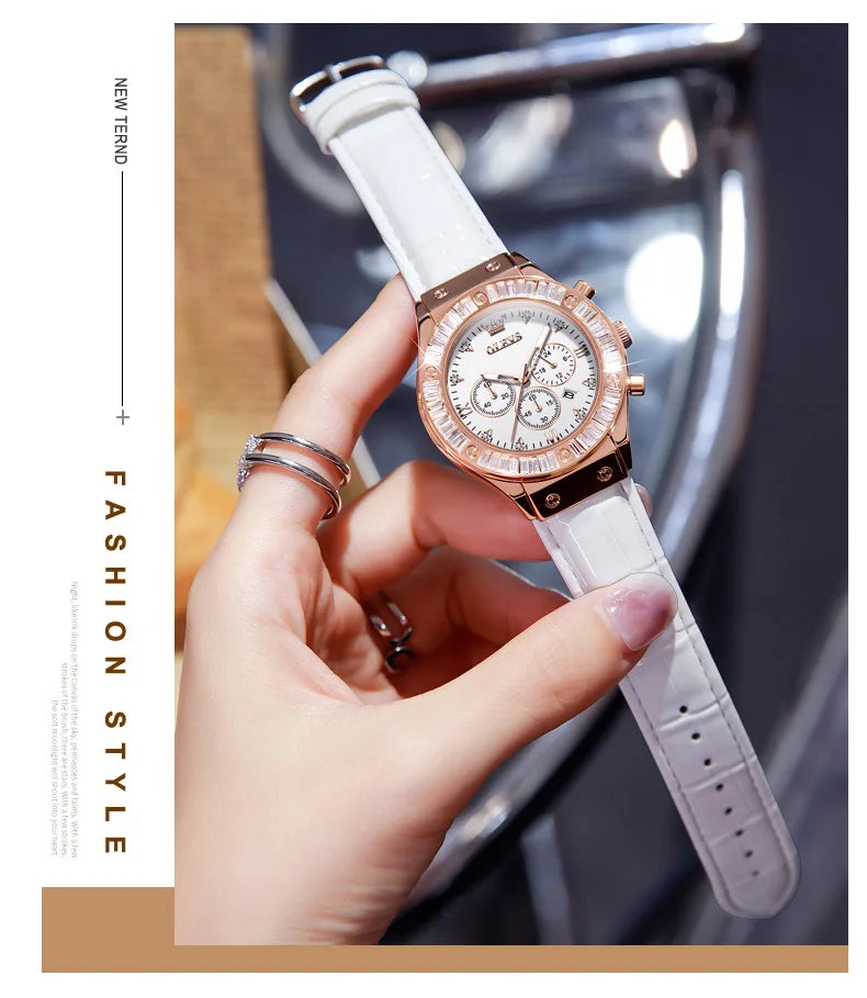 OLEVS women's fashion watch with leather strap, diamond bezel, quartz movement, waterproof chronograph, sleek and elegant design
