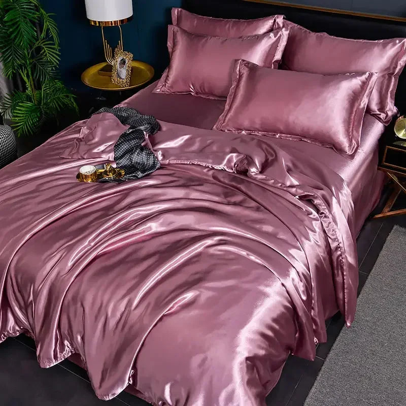 Nordic satin silk bedding set by MC THE BLACK DIAMOND featuring duvet cover, bed sheet, and pillowcases in luxurious solid design