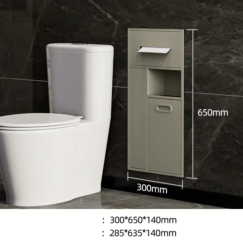 Stainless steel MC THE BLACK DIAMOND bathroom trash can and tissue storage rack embedded in wall, side view showing sleek metal finish.