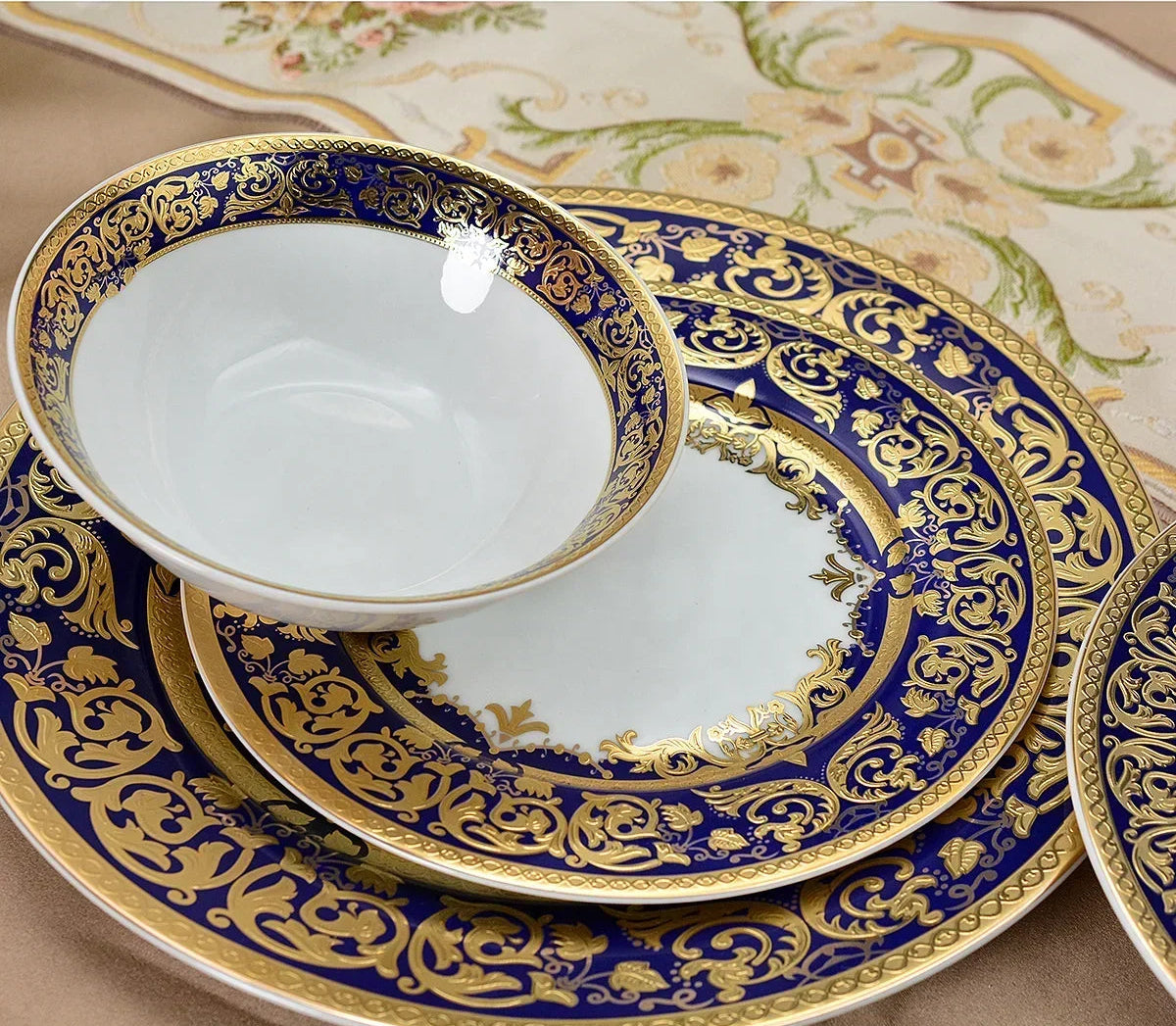 Royal Style embossed gold rim ceramic plates and bowls set by MC THE BLACK DIAMOND, elegant kitchen dinnerware with intricate gold detailing