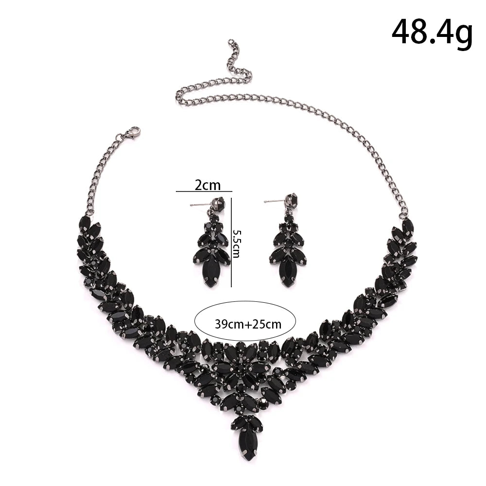 MC THE BLACK DIAMOND jewelry set featuring black leaf design, crystal accents, necklace and earrings for wedding or boho style.