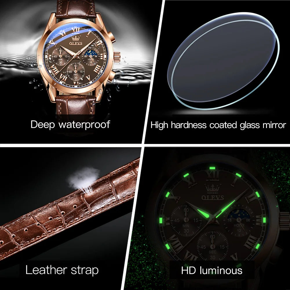 OLEVS Moon Phase men's chronograph watch with leather strap, luminous dial, waterproof design, and date display from Mohamad Collection.