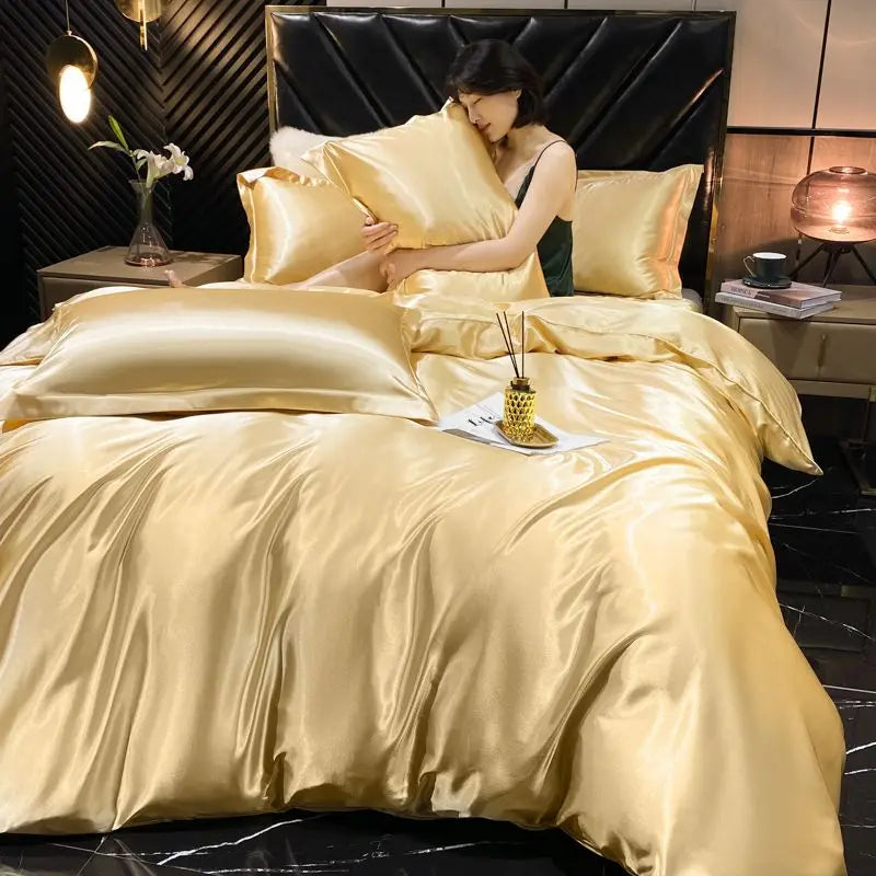 Luxurious solid rayon silk bedding set with duvet cover, bedsheet, and satin pillowcases from 𝕄𝕔 𝕋𝕙𝕖 𝔹𝕝𝕒𝕔𝕜 𝔻𝕚�