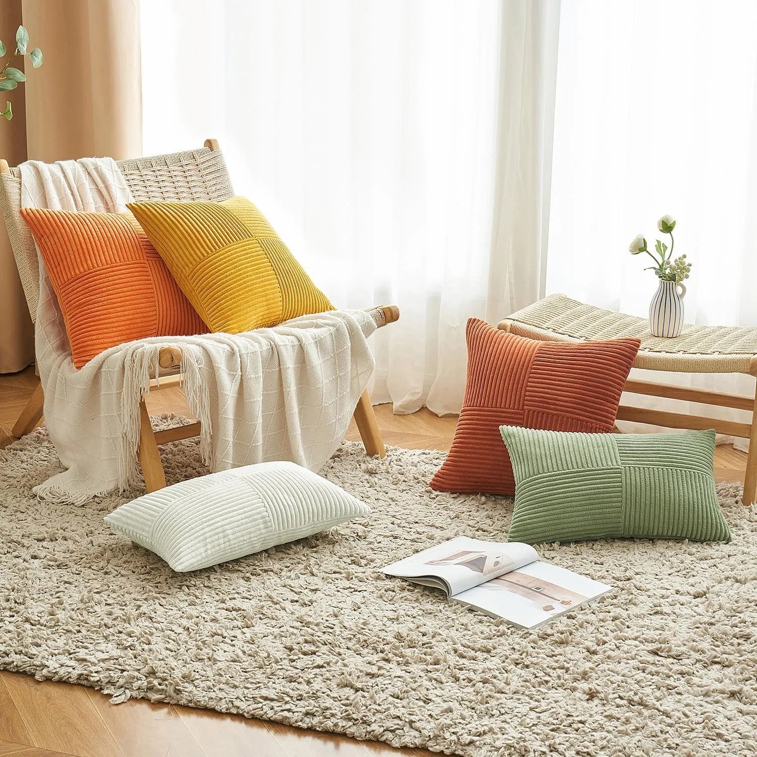 Mustard yellow corduroy pillow cover with boho spliced patchwork design and textured cross patchwork, soft cushion case for couch.