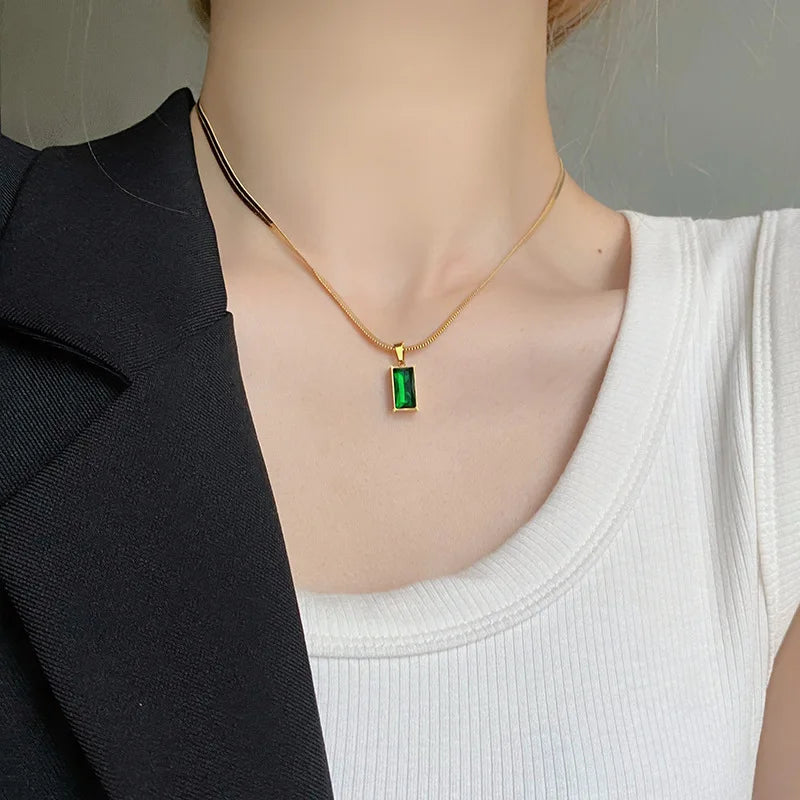 Stainless steel rectangle green crystal zircon necklace from 𝕄𝕔 𝕋𝕙𝕖 𝔹𝕝𝕒𝕔𝕜 𝔻𝕚𝕒𝕞𝕠�