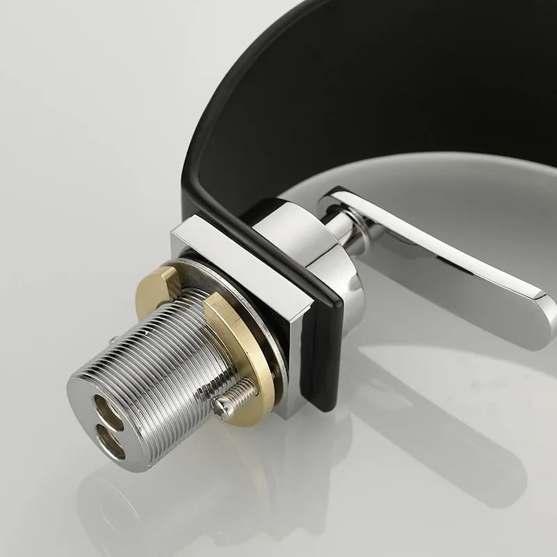 Black and white GEGVE waterfall bathroom sink faucet by MC THE BLACK DIAMOND, hot and cold water mixer tap for bathtub or sink.