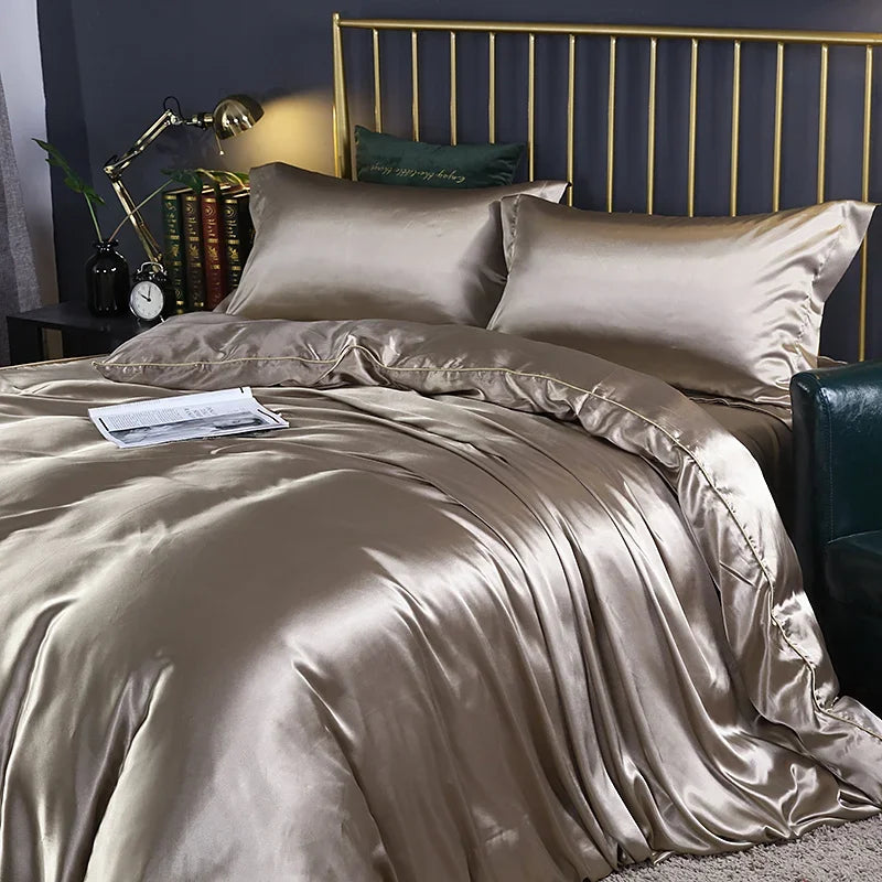 Luxury silk bedding set with duvet cover, fitted and flat sheets, and pillowcases in solid color from 𝕄𝕔 𝕋𝕙𝕖 𝔹𝕝𝕒𝕔𝕜 𝔻𝕚