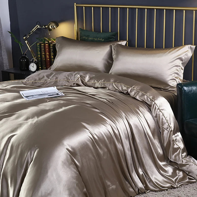 Luxury silk bedding set with duvet cover, fitted and flat sheets, and pillowcases in solid color, king and queen sizes by 𝕄𝕔 𝕋𝕙𝕖 𝔹𝕝𝕒𝕔𝕜 �