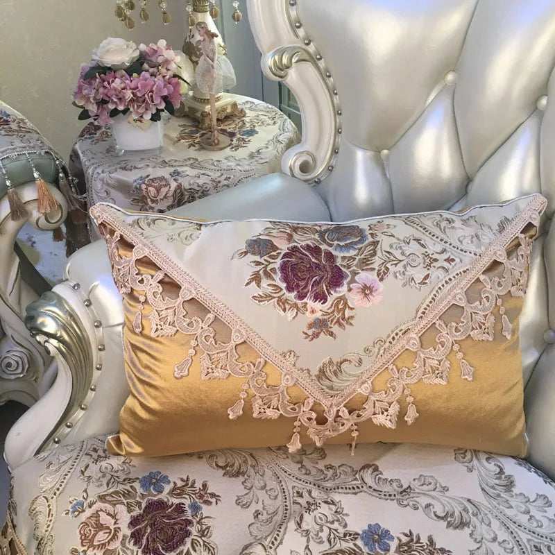 European luxury Jacquard tassel lace decorative sofa pillow cover in rectangular shape with intricate patterns and tassel details.