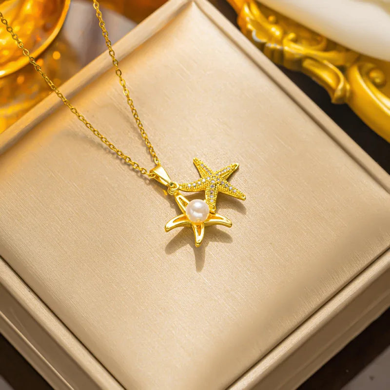Gold-colored ZAKOL French shell pearl necklace with zircon love heart charm, stainless steel choker for women, wedding jewelry.