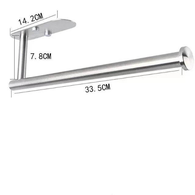 Self-adhesive stainless steel paper towel holder for under cabinet kitchen use, featuring adhesive and screw mounting options.