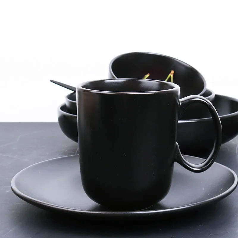 Black ceramic breakfast milk cup and deep steak soup plate set by 𝕄𝕔 𝕋𝕙𝕖 𝔹𝕝𝕒𝕔𝕜 𝔻𝕚𝕒𝕞�