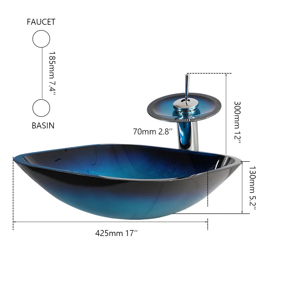 Black vessel sink with waterfall faucet, oval blue above-counter basin, tempered glass design from MC THE BLACK DIAMOND.