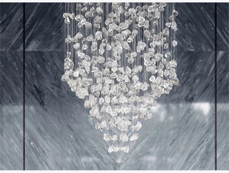 Black Art Luxury Stone Crystal Chandelier by MC THE BLACK DIAMOND hanging in a modern staircase hallway with LED lighting.