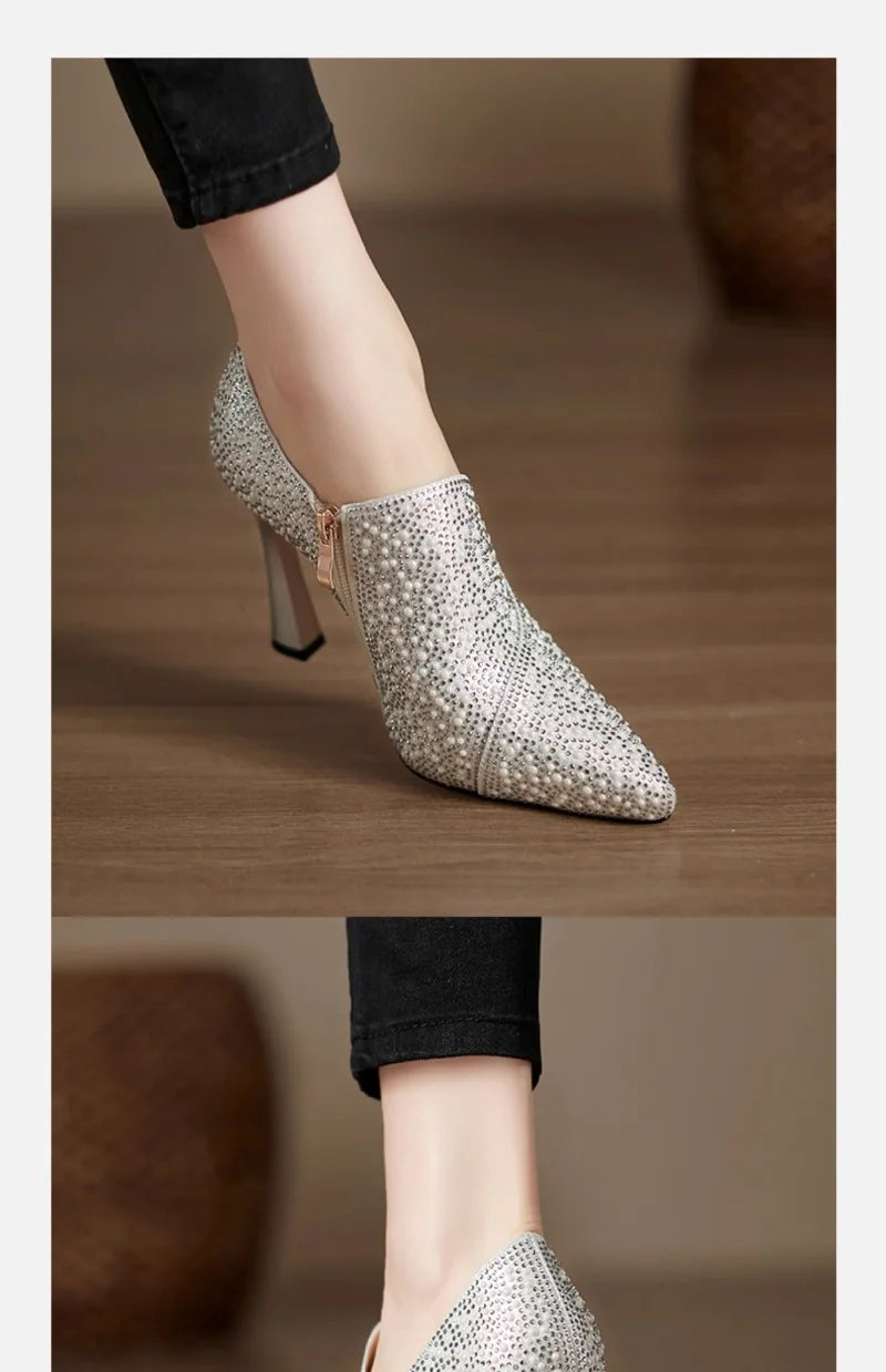 Elegant rhinestone high heels by Mohammand Collection featuring a pointed toe, pearl accents, and crystal embellishments for wedding attire.