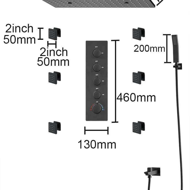 Luxury MC The Black Diamonds rainfall mist spray LED shower head set with side massage jets and modern bath mixer, 16/20 inch size.