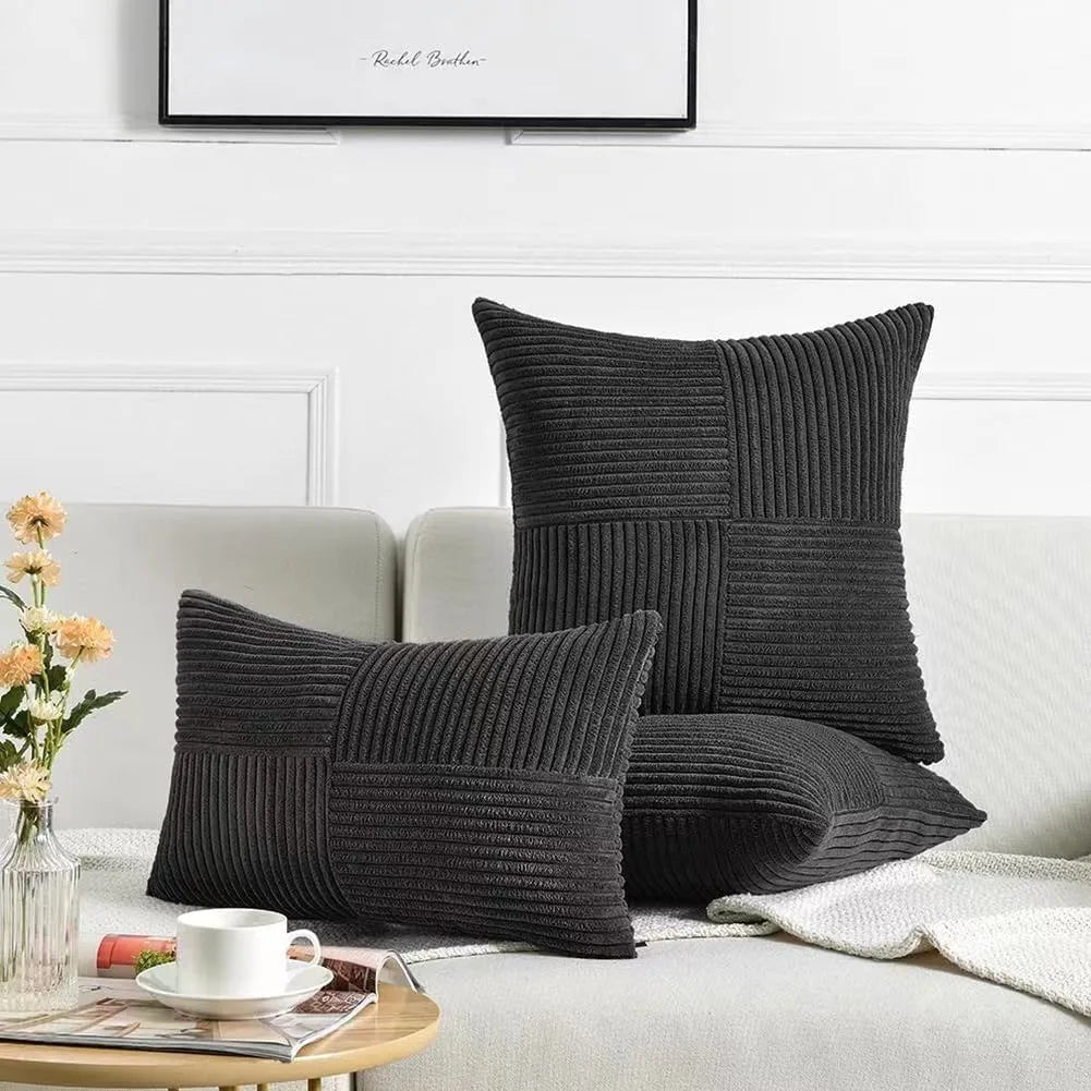 Mustard yellow corduroy pillow cover with boho spliced patchwork design, soft textured cushion case by MC THE BLACK DIAMOND.
