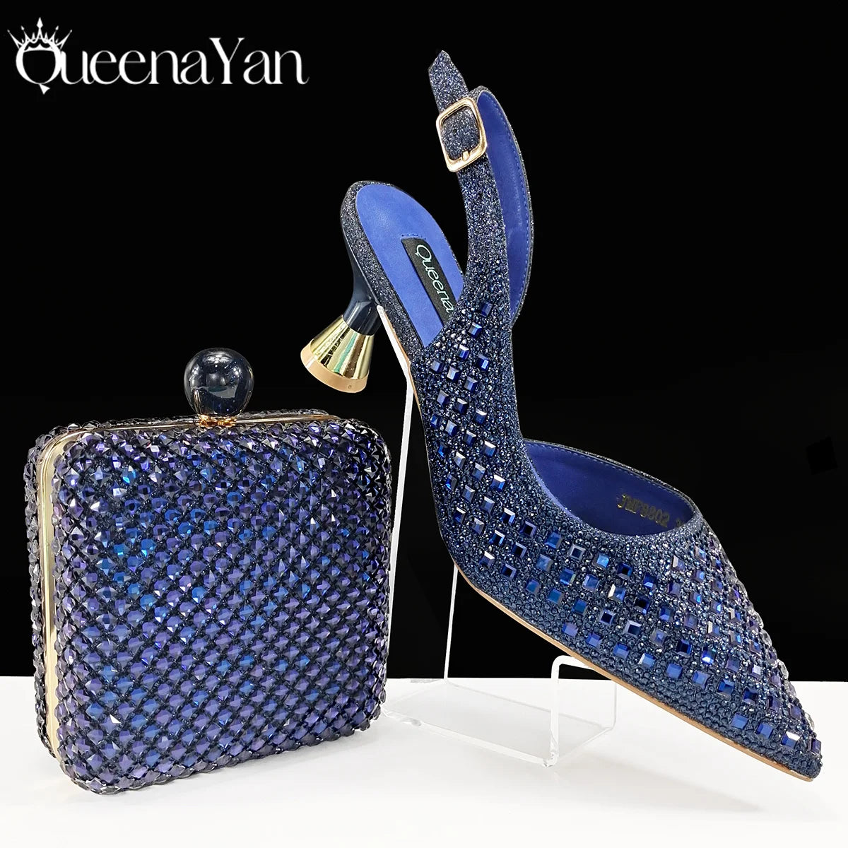 Queena Yan Italian design green rhinestone pointed toe high heels and matching clutch bag set for women's party wear.