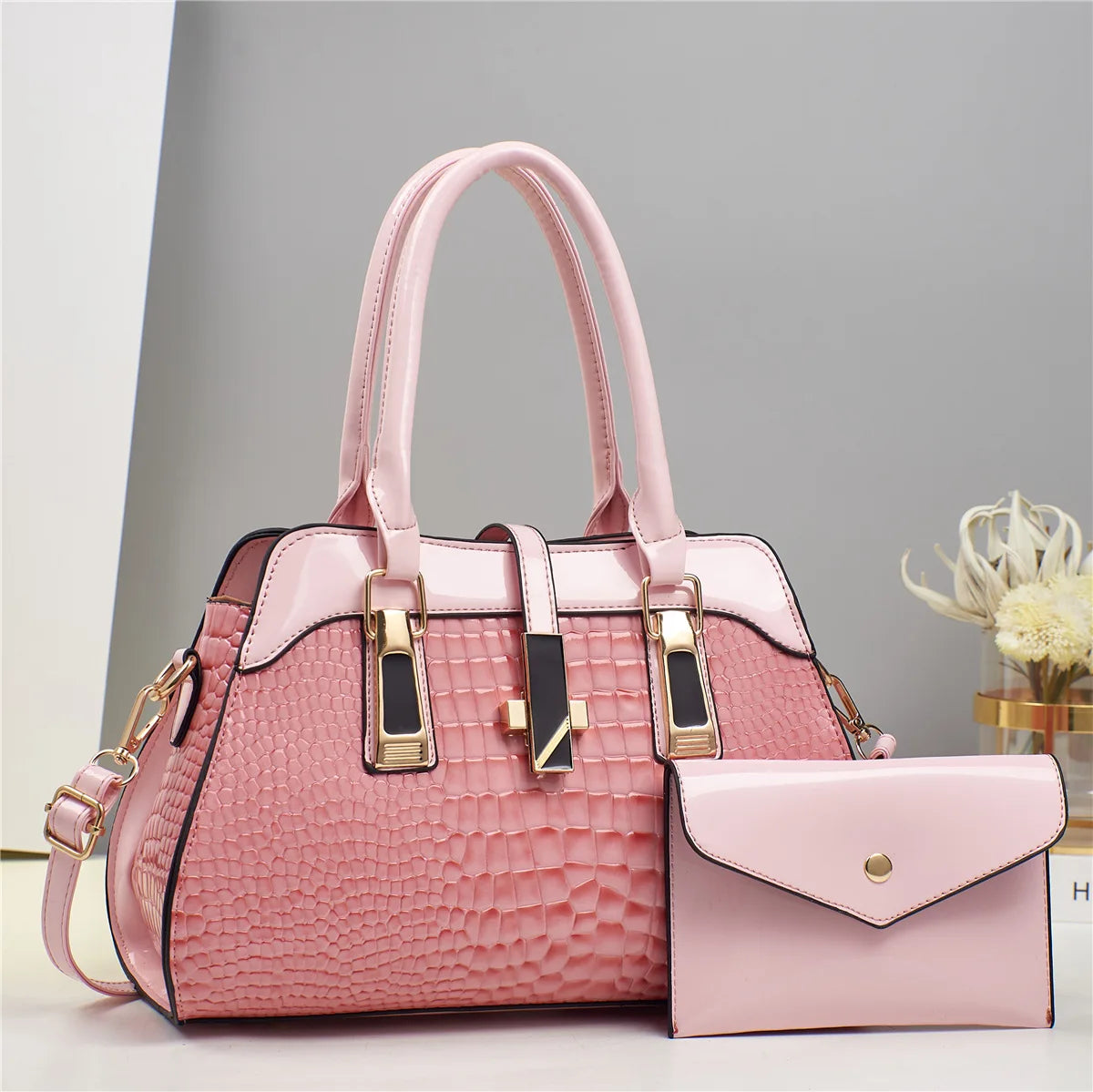 Luxury Mc The Black Diamonds crocodile leather tote bag with top handles, featuring bright leather and spacious design for women.